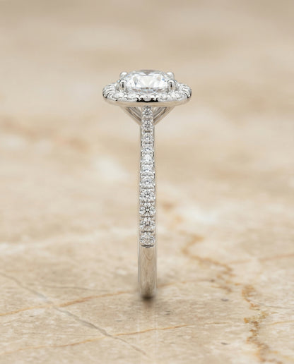 Round Brilliant, Classic Shared Prong Halo Round, in Platinum, pave setting – side profile | RockHer