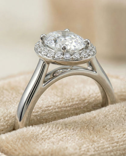 Classic Shared Prong Halo Oval, in Platinum, pave setting – detail view | RockHer