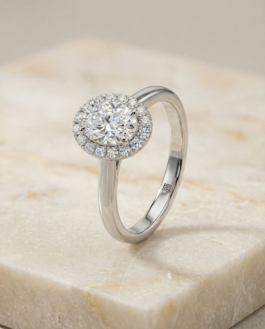 Classic Shared Prong Halo Oval Engagement Ring Setting in 14K White Gold