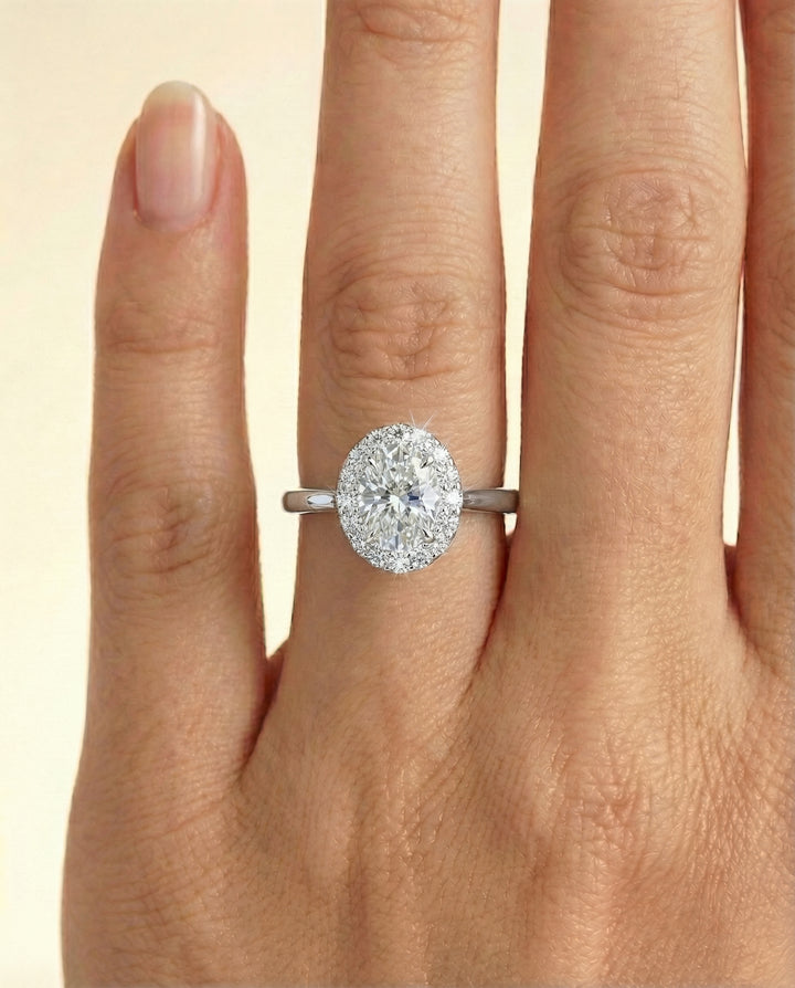 Classic Shared Prong Halo Oval, in Platinum, pave setting – lifestyle shot | RockHer