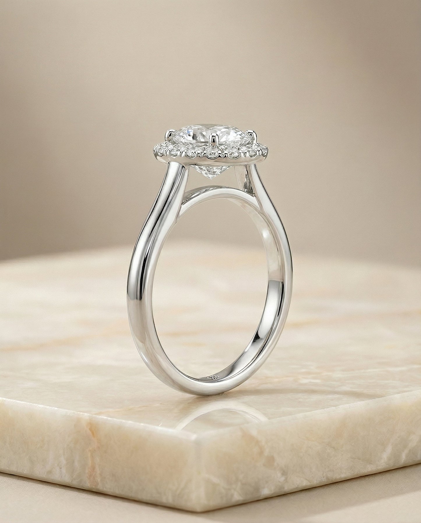 Etta Select Classic Shared Prong Halo Ov Oval Lab Diamond Engagement Ring in 18K White Gold, side view | RockHer