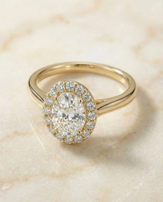 Classic Shared Prong Halo Oval, in 18K Yellow Gold, pave setting – angled view | RockHer