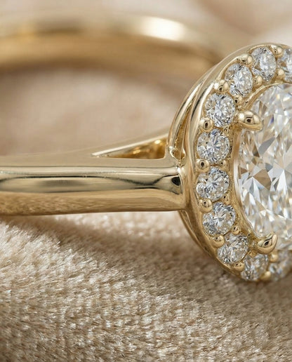 Classic Shared Prong Halo Oval, in 18K Yellow Gold, pave setting – detail view | RockHer