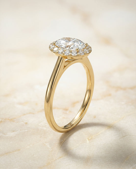The Etta Classic Shared Prong Halo Oval in 14K Yellow Gold
