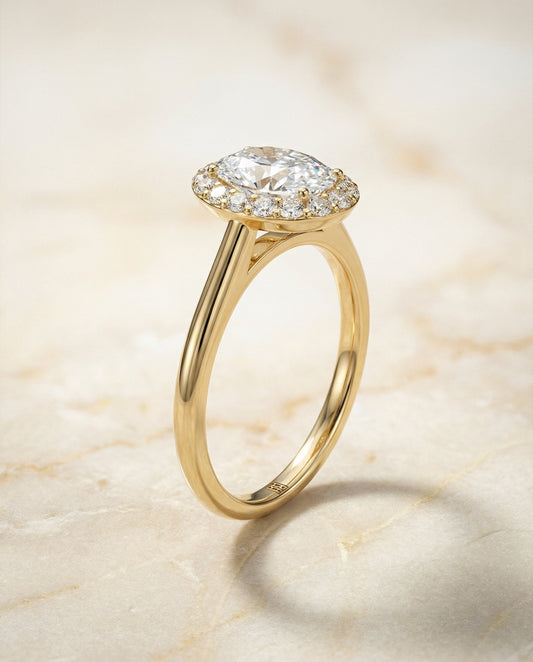 Etta Select classic shared prong halo oval oval ring in 14K Yellow Gold — front — RockHer