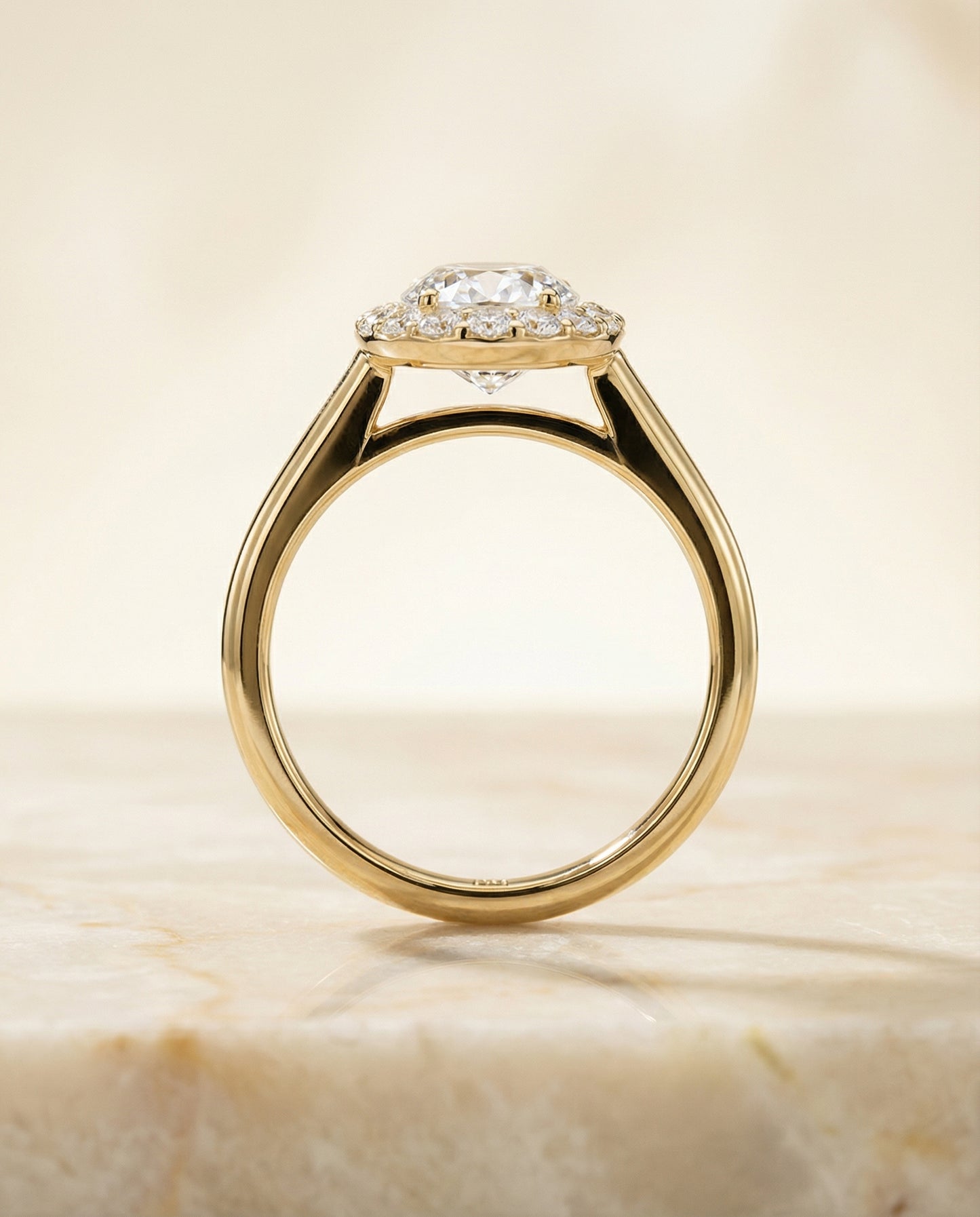 Classic Shared Prong Halo Oval, in 18K Yellow Gold, pave setting – side profile | RockHer