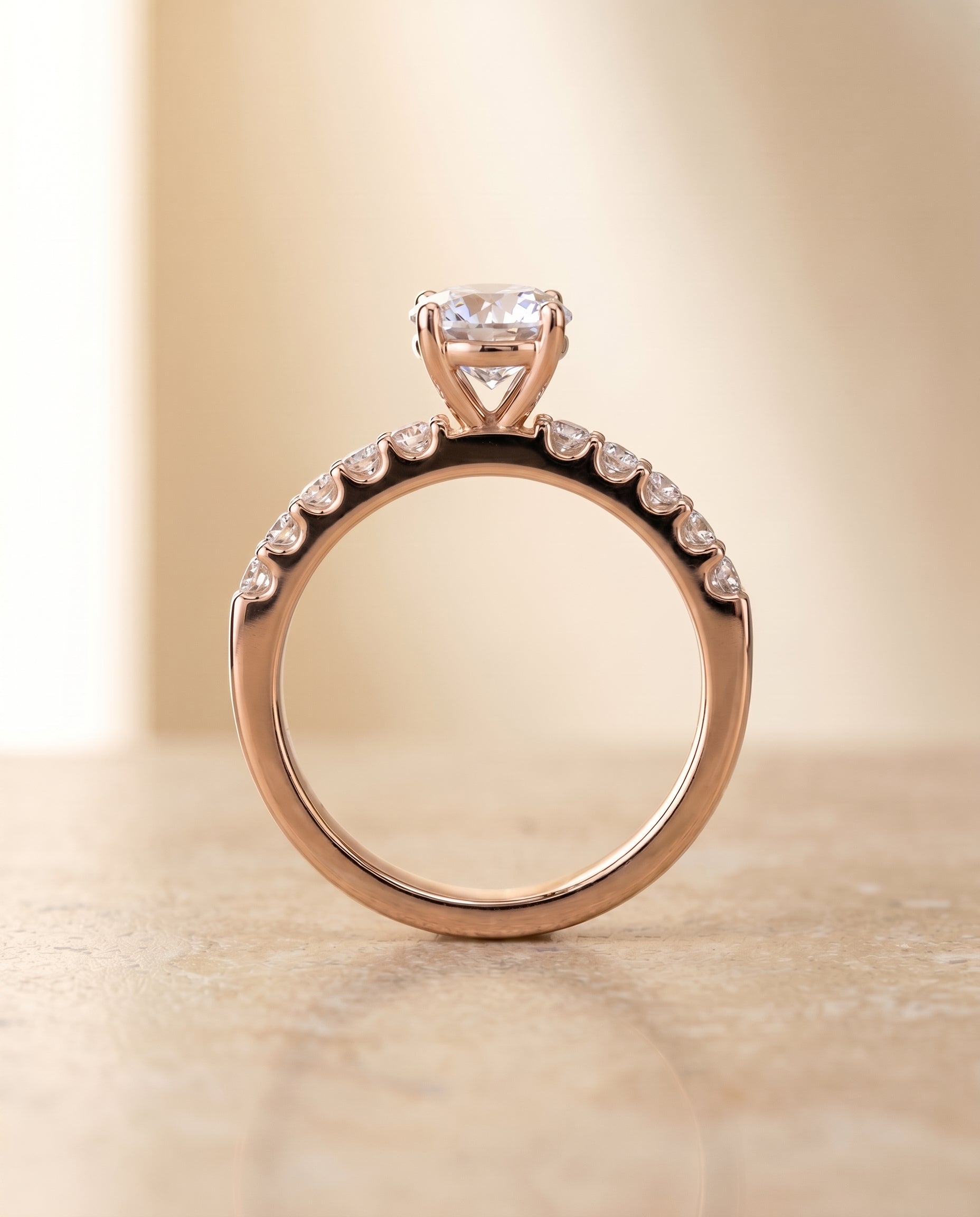 Olivia Select Pavé Round Lab Diamond Engagement Ring in 14K Rose Gold, side view | RockHer