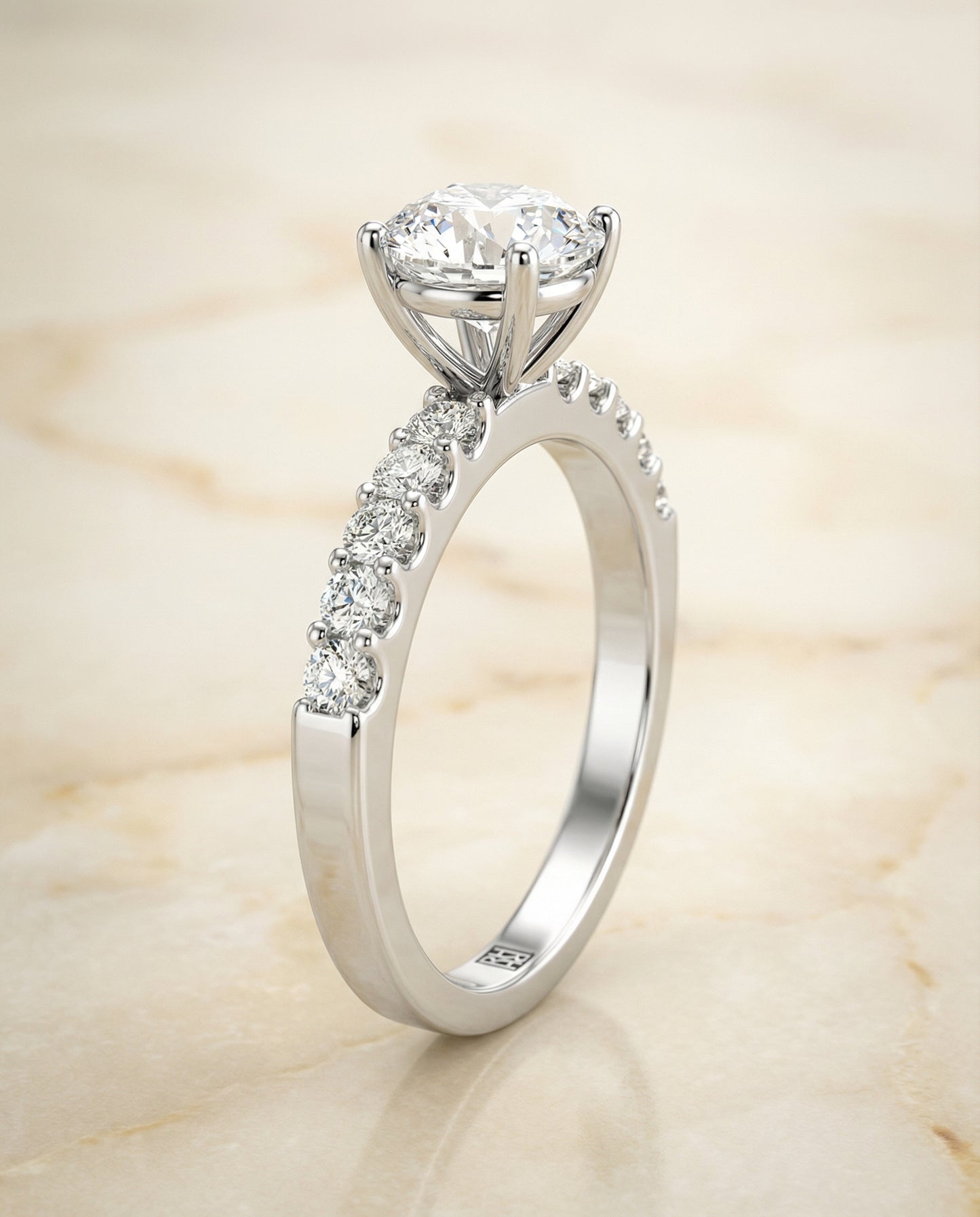 Round Brilliant, Classic Shared Prong Linear Pavé, in Platinum – side profile | RockHer