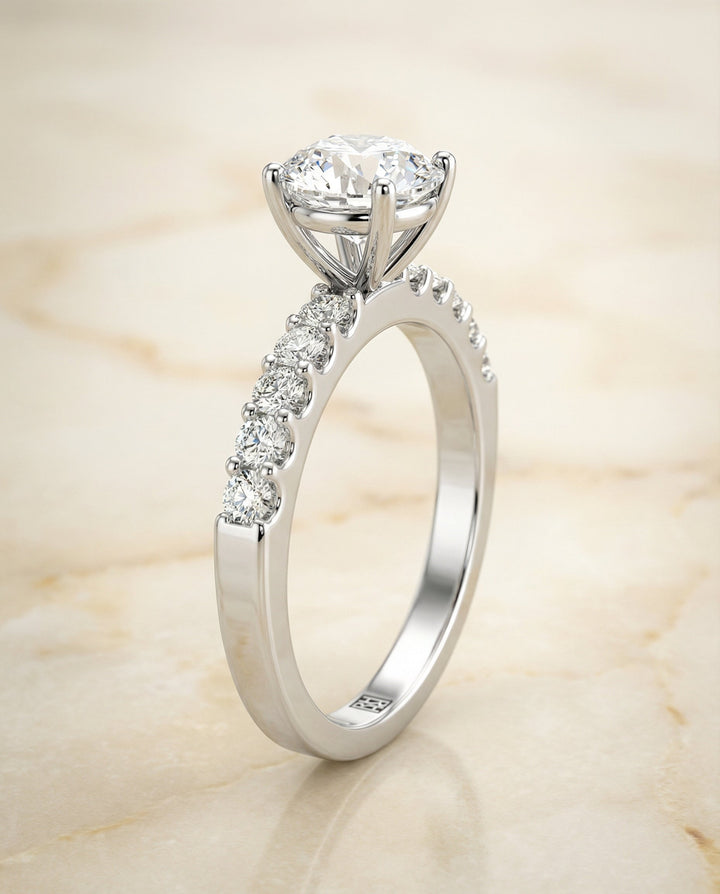 Olivia Select classic shared prong linear pavé round ring in 14K White Gold — side — RockHer