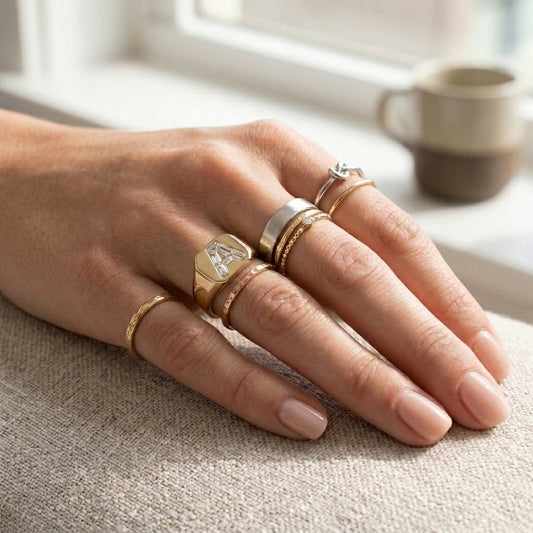 Women's Classic Square lab-grown diamond letter signet ring in 14K Yellow Gold, letter A, worn on hand