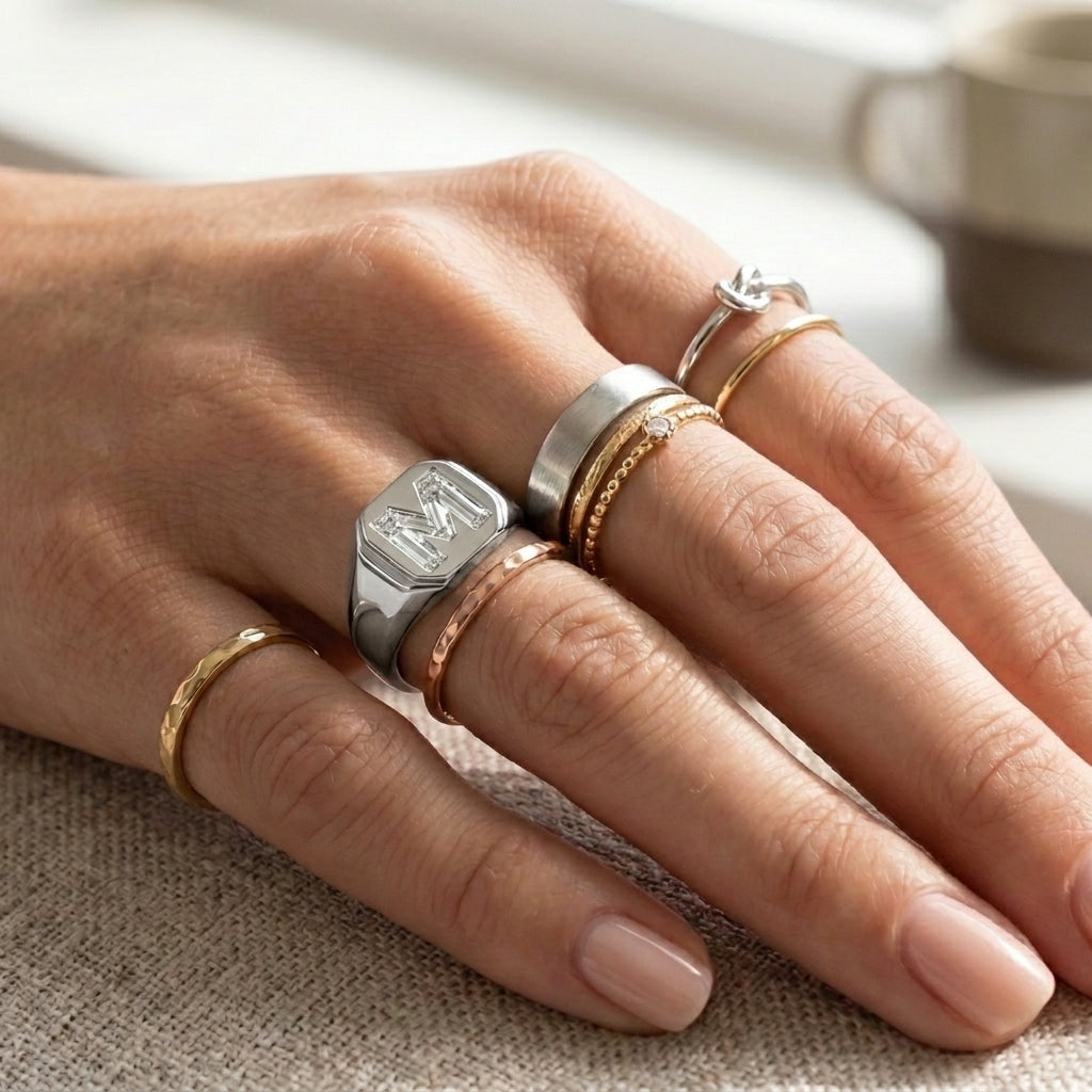 Women's Classic Square lab-grown diamond letter signet ring in 14K White Gold, letter M, worn on hand
