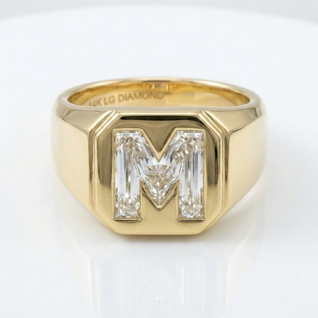 Women's Classic Square lab-grown diamond letter signet ring in 14K Yellow Gold, letter M, product photography