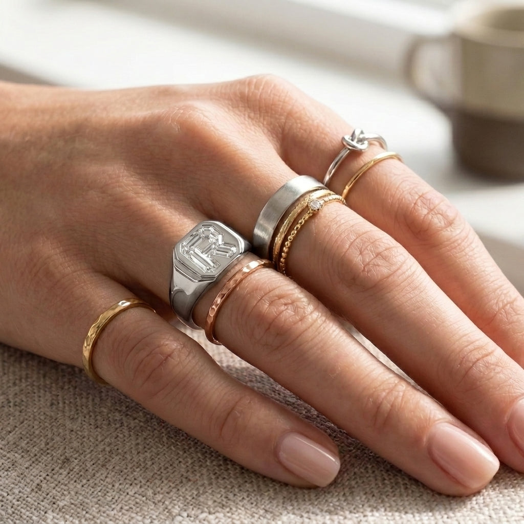 Women's Classic Square lab-grown diamond letter signet ring in Platinum, letter R, worn on hand