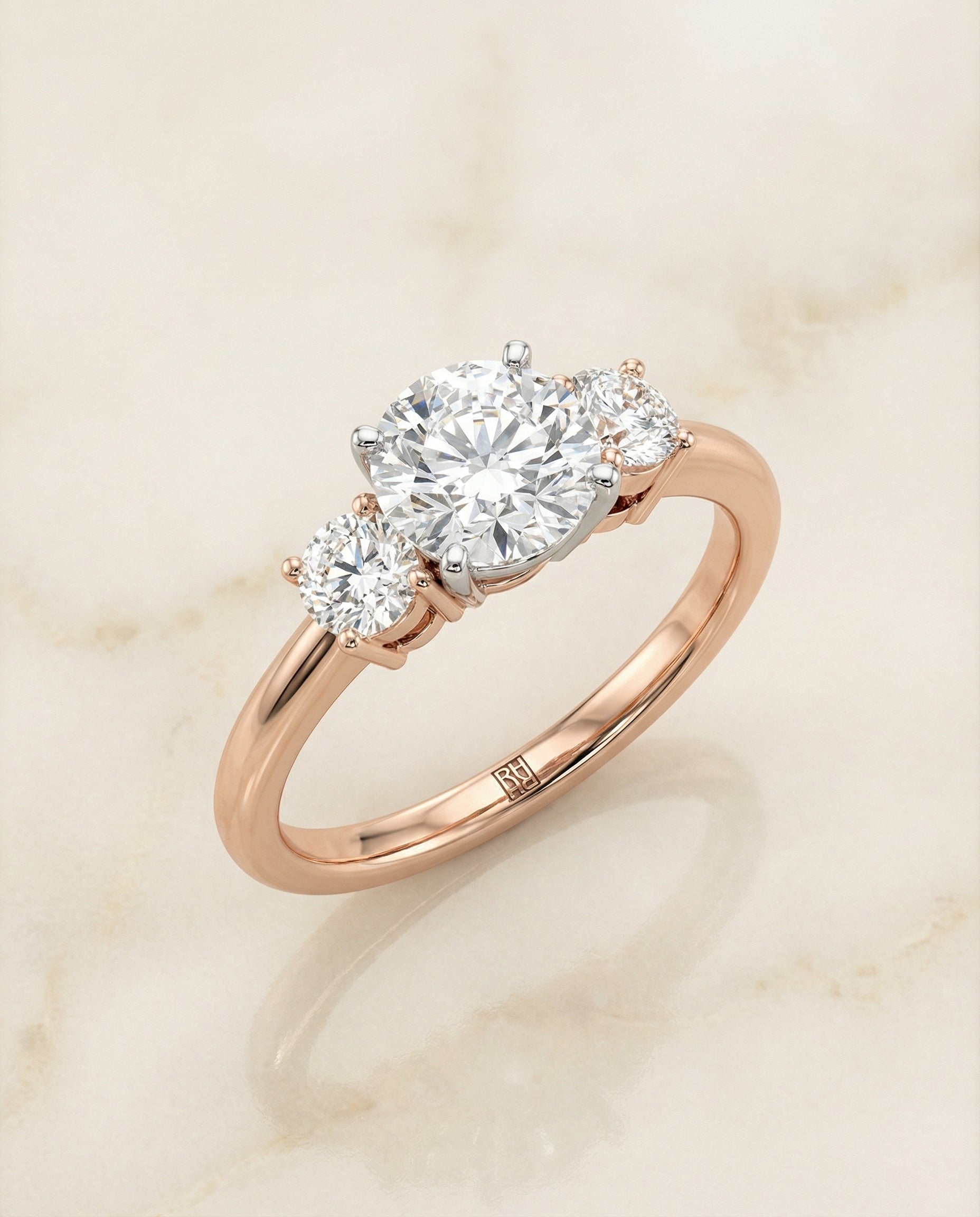 The Anita classic three stone engagement ring setting, shown in 14K Rose Gold | RockHer