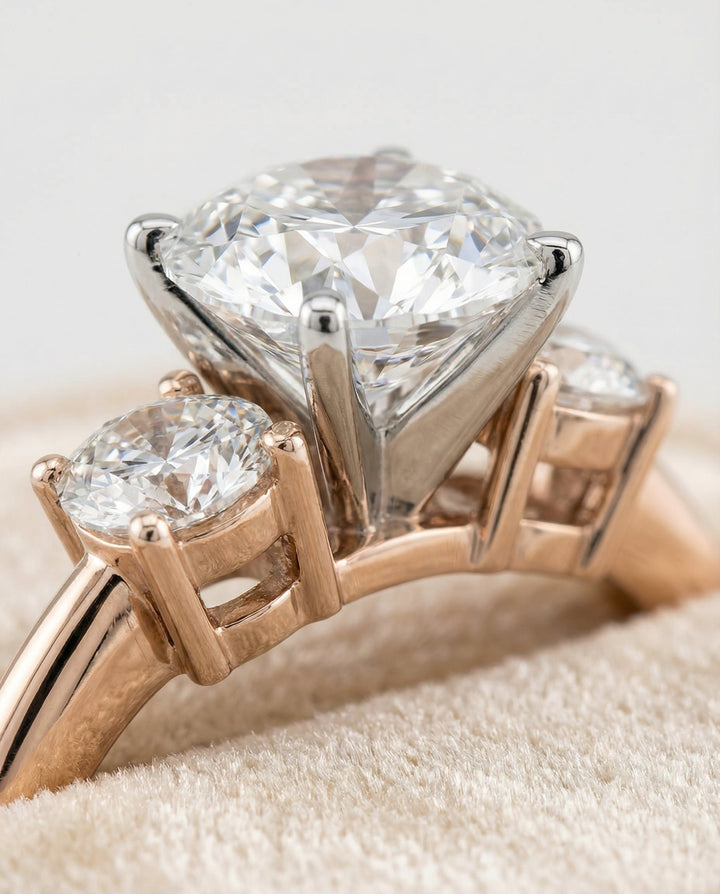 Anita Select classic three stone round ring in 14K Rose Gold — detail — RockHer