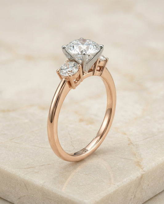 Classic Three Stone Round Engagement Ring Setting in 14K Rose Gold