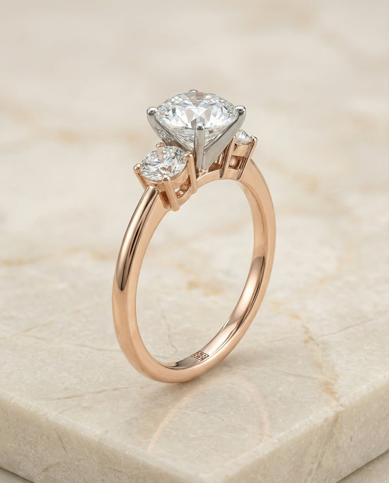 The Anita Classic Three Stone Round Engagement Ring Setting in 14K Rose Gold