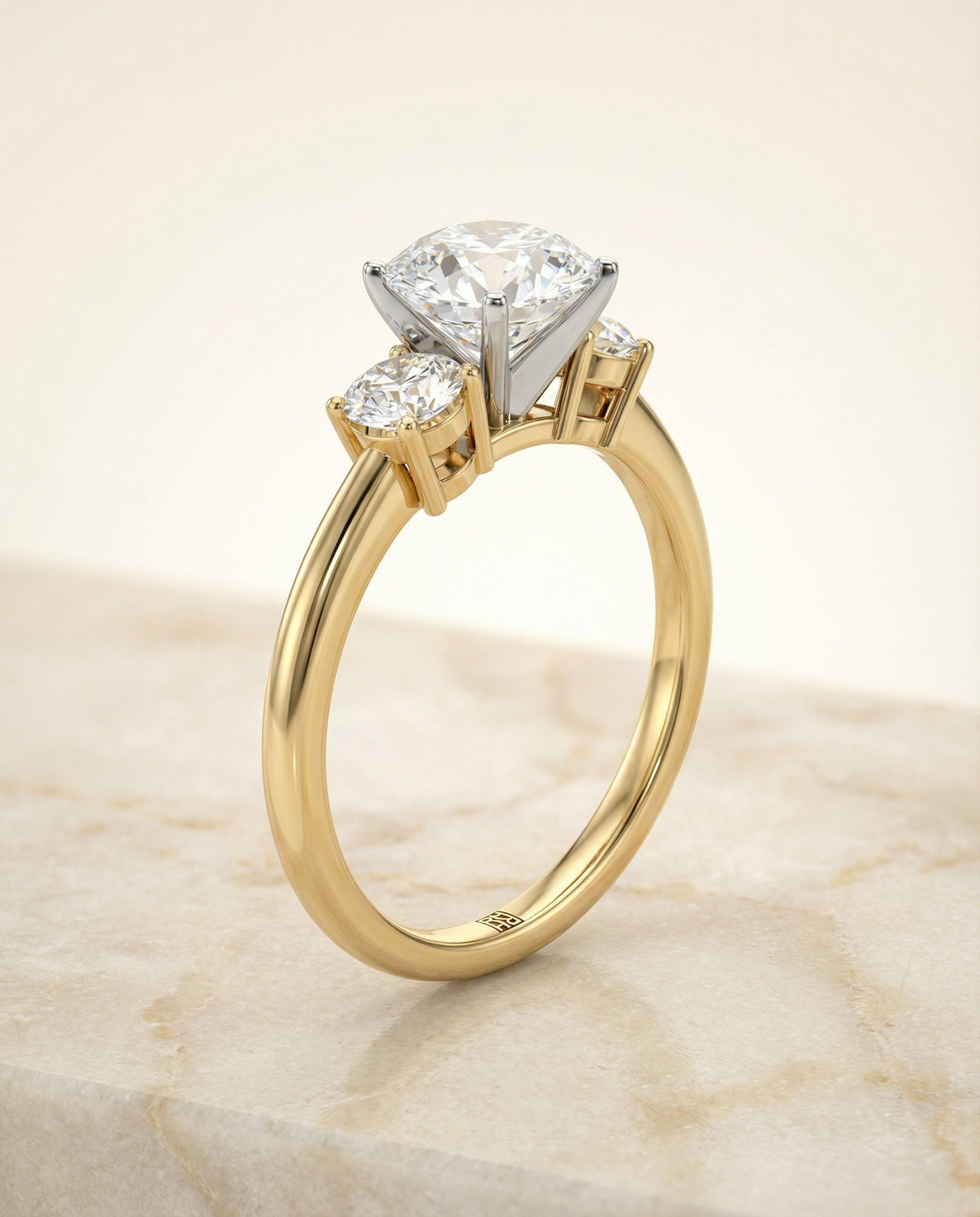 Anita Select Classic Three Stone Round Lab Diamond Engagement Ring in 18K Yellow Gold, front view | RockHer