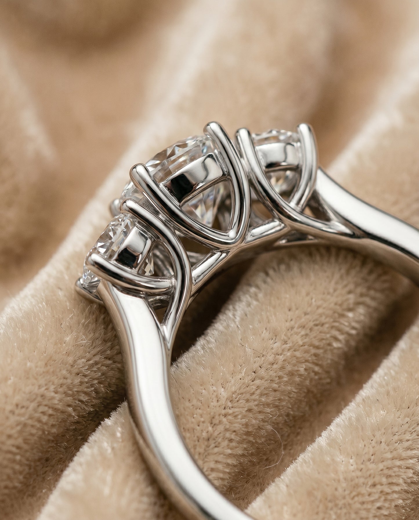 Round Brilliant, Classic Three Stone Round, in Platinum, pave setting – detail view | RockHer