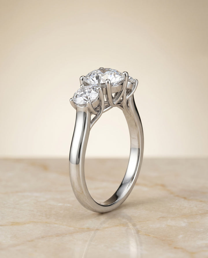 Natalie Select Classic Three Stone Round Lab Diamond Engagement Ring in 18K White Gold, front view | RockHer