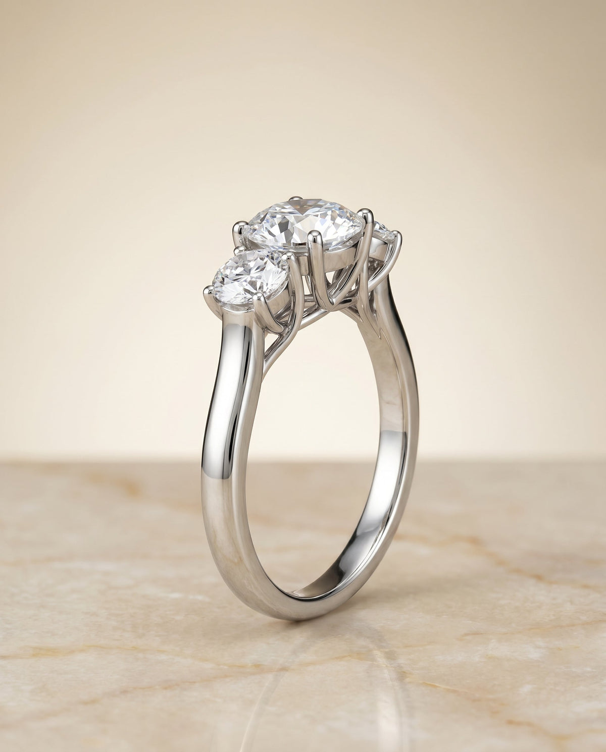 Natalie Select Classic Three Stone Round Lab Diamond Engagement Ring in Platinum, front view | RockHer