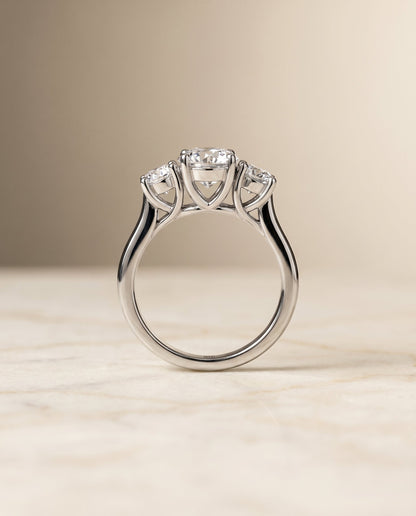 Natalie Select Classic Three Stone Round Lab Diamond Engagement Ring in 18K White Gold, side view | RockHer