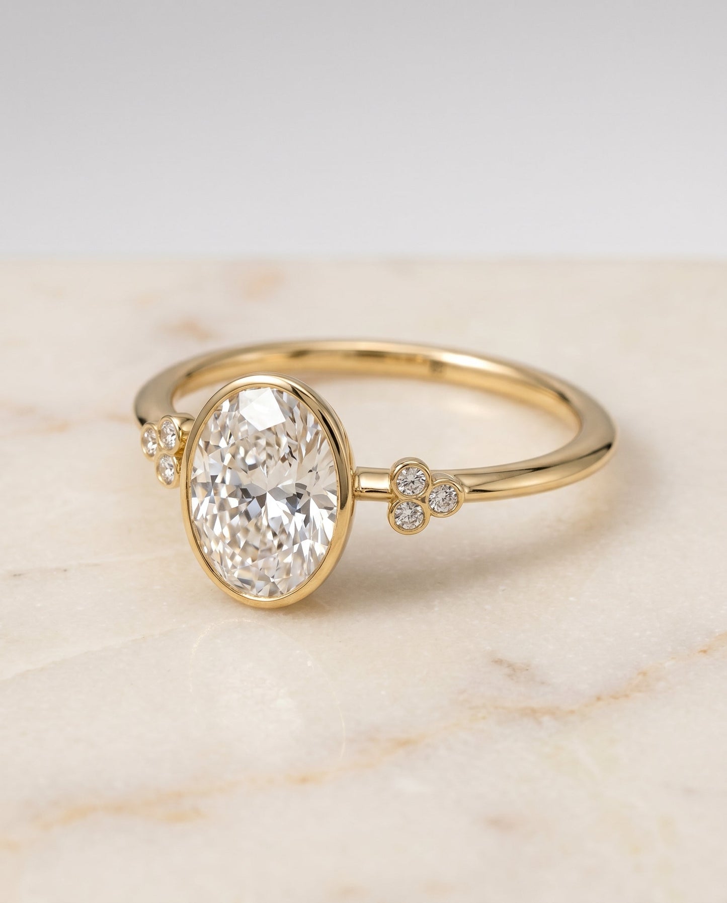 Selena Select 18ky Bezel Set Oval Engagement Ring With 6 Clover Bezel Set Round  – view 1