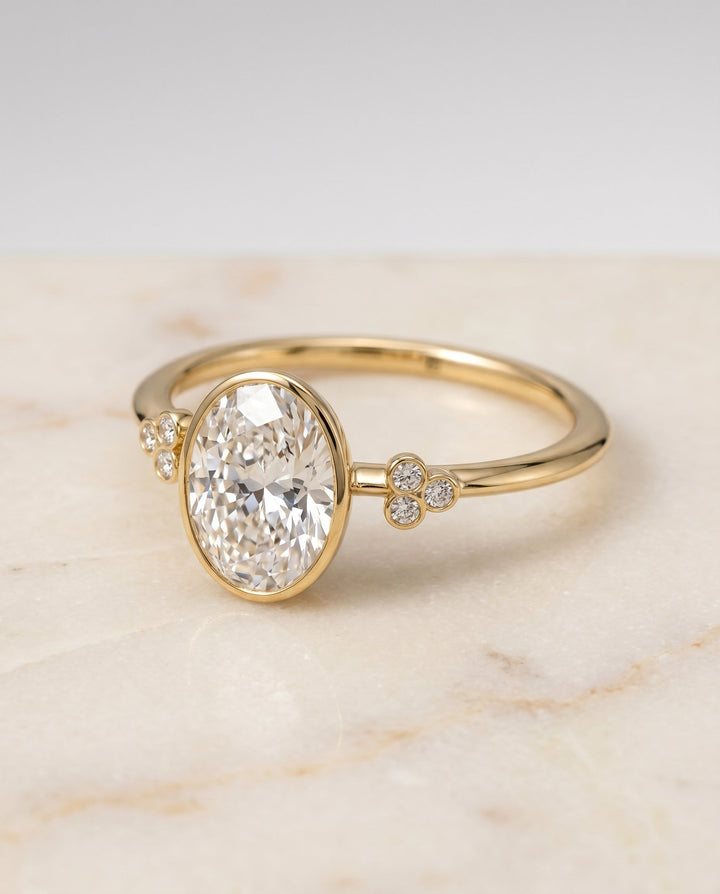 Selena Select Clover Bezel Accent Solitaire Oval Lab Diamond Engagement Ring in 18K Yellow Gold, alternate angle | RockHer