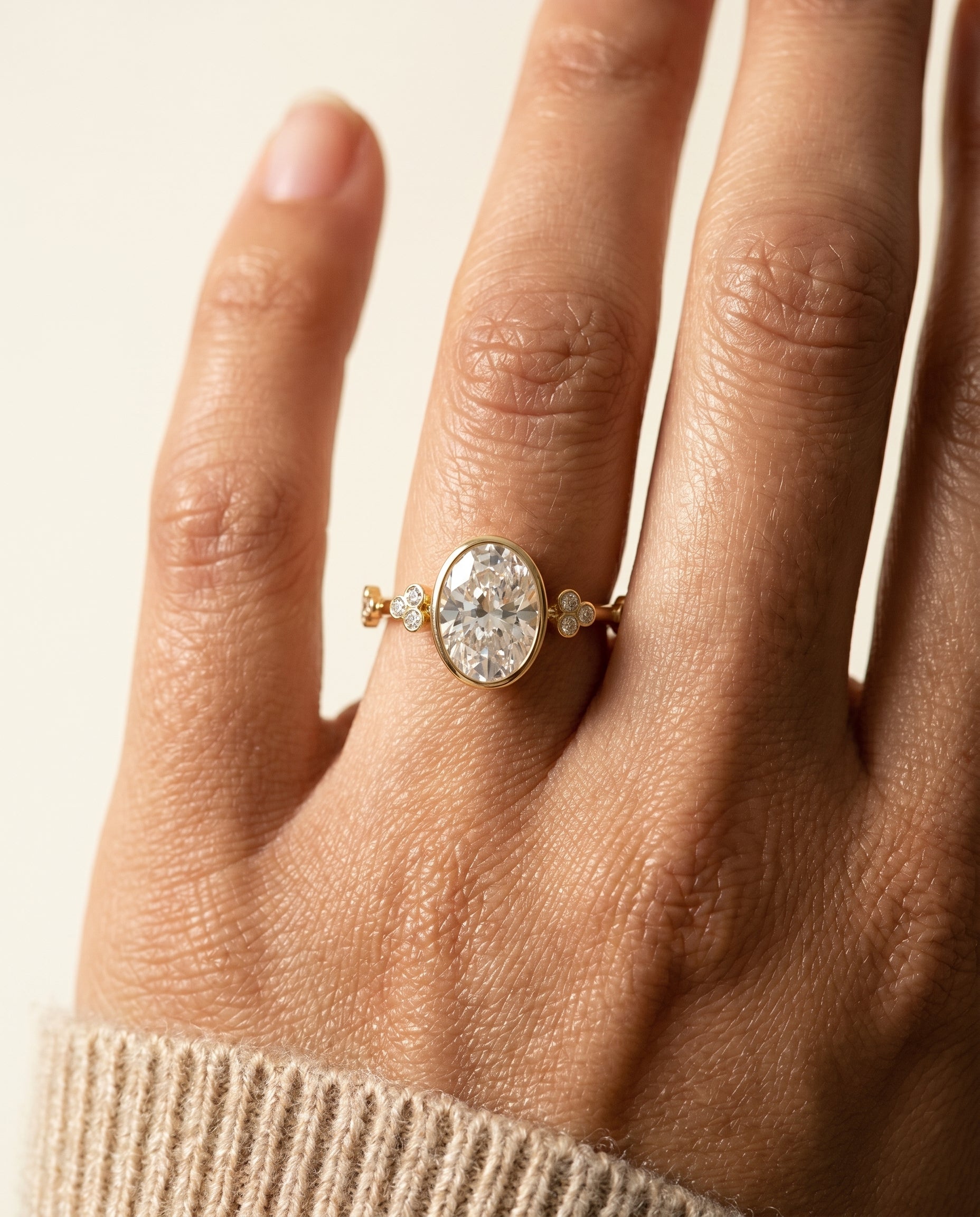 The Miley engagement ring setting in 18K Yellow Gold, clover bezel accent solitaire design | RockHer