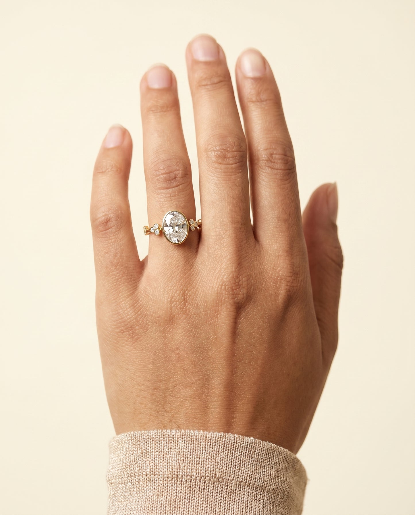 The Miley Clover Bezel Accent Solitaire Oval Engagement Ring Setting in 18K Yellow Gold