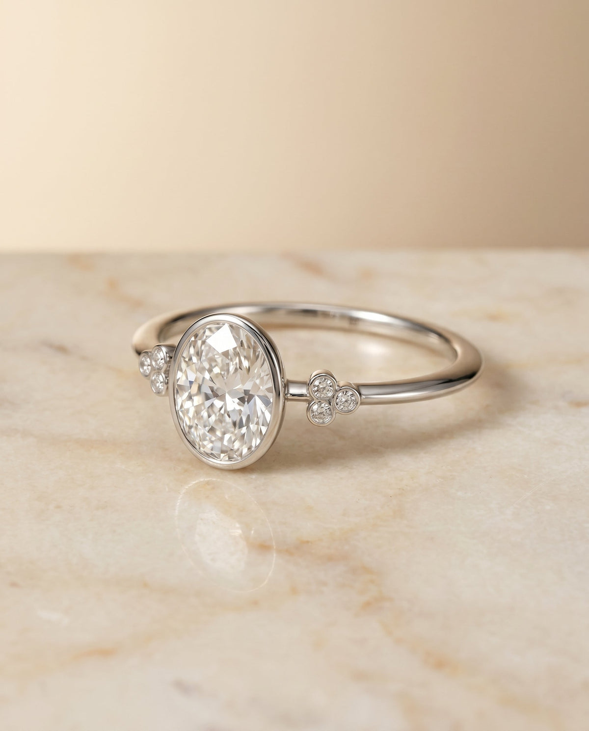 Selena Select Clover Bezel Accent Solitaire Oval Lab Diamond Engagement Ring in Platinum, alternate angle | RockHer
