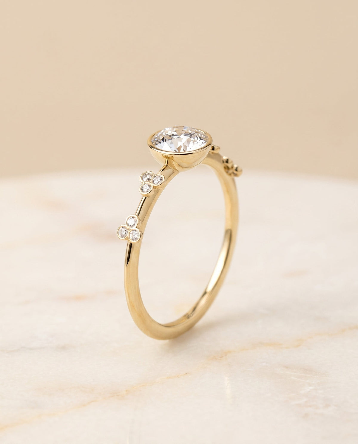 Miley Select Clover Bezel Accent Solitaire Round Lab Diamond Engagement Ring in 18K Yellow Gold, front view | RockHer