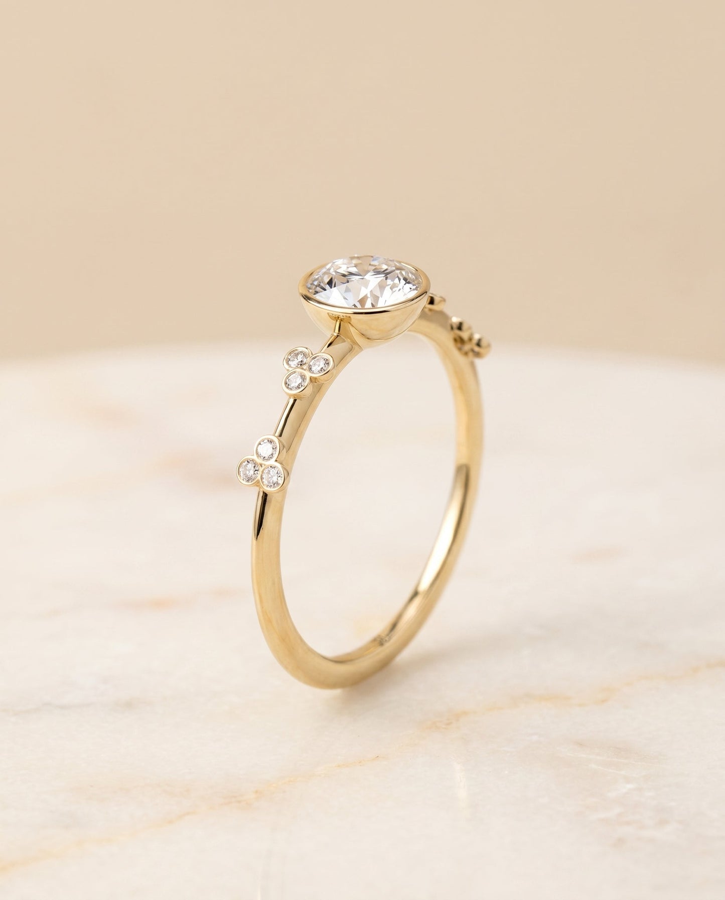 Miley Select Clover Bezel Accent Solitaire Round Lab Diamond Engagement Ring in 18K Yellow Gold, front view | RockHer