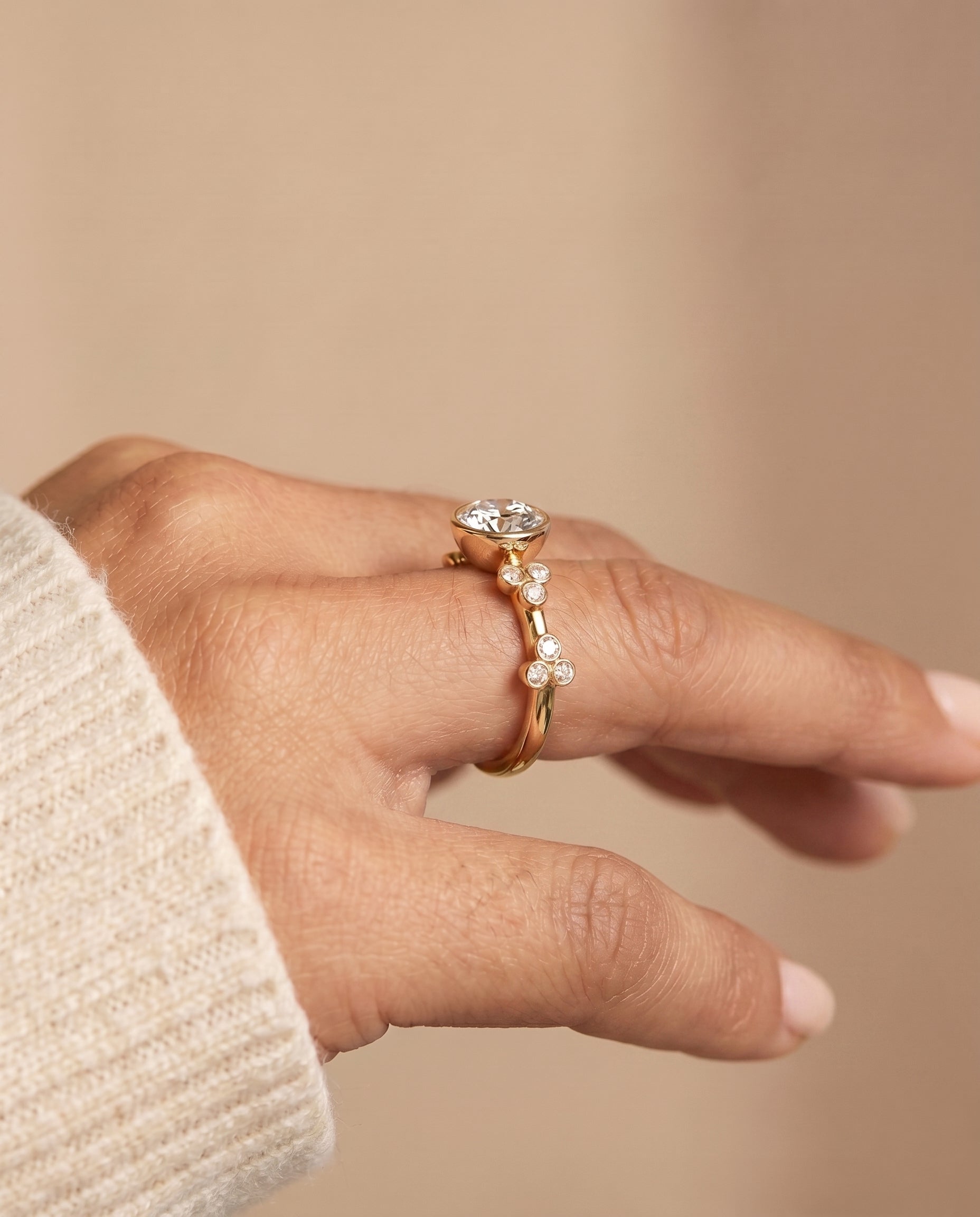 The Miley engagement ring setting in 18K Yellow Gold, clover bezel accent solitaire design | RockHer