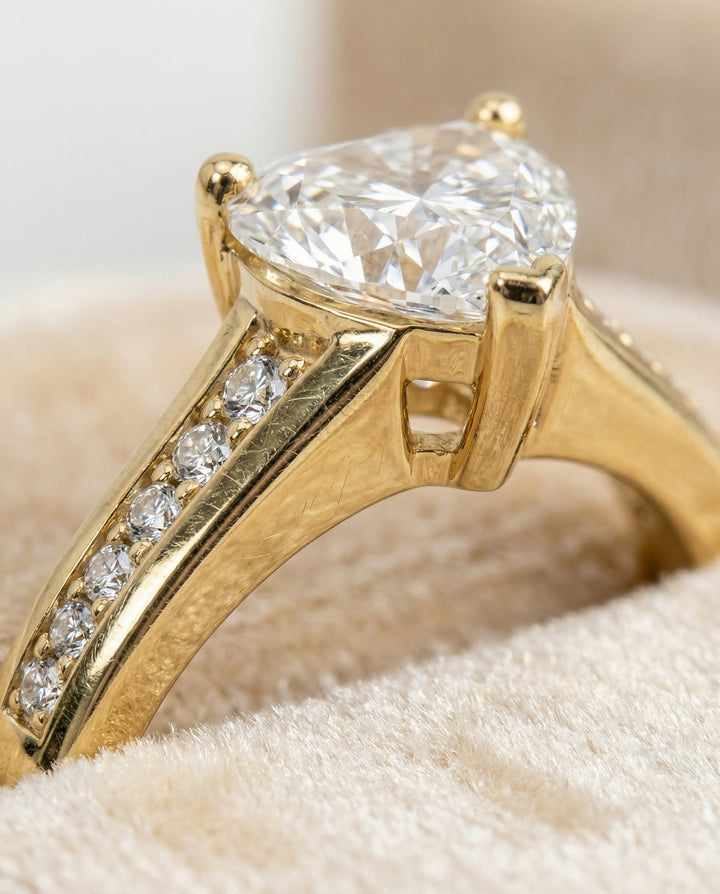Contemporary Tapered Channel Heart Shape, in 18K Yellow Gold – detail view | RockHer