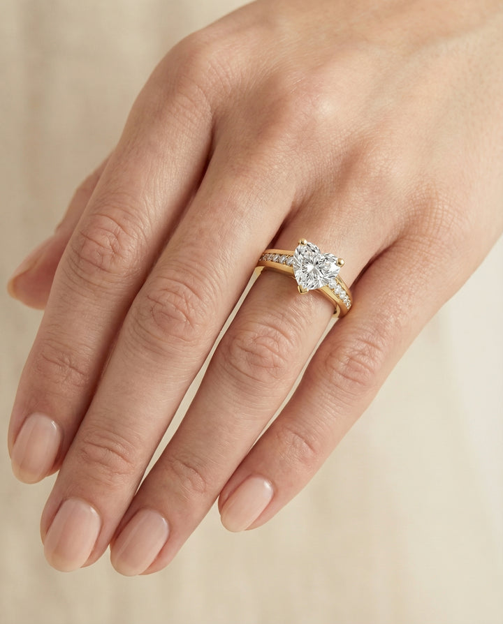 Contemporary Tapered Channel Heart Shape, in 18K Yellow Gold – lifestyle shot | RockHer