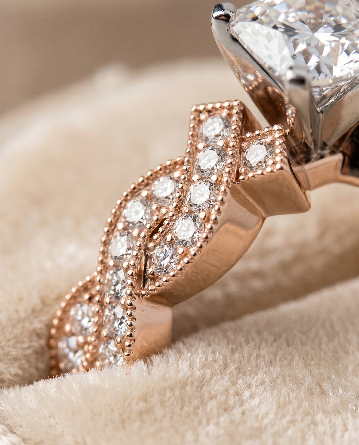 Cushion, Criss Cross Beaded Pavé, in 14K Rose Gold, pave setting – detail view | RockHer