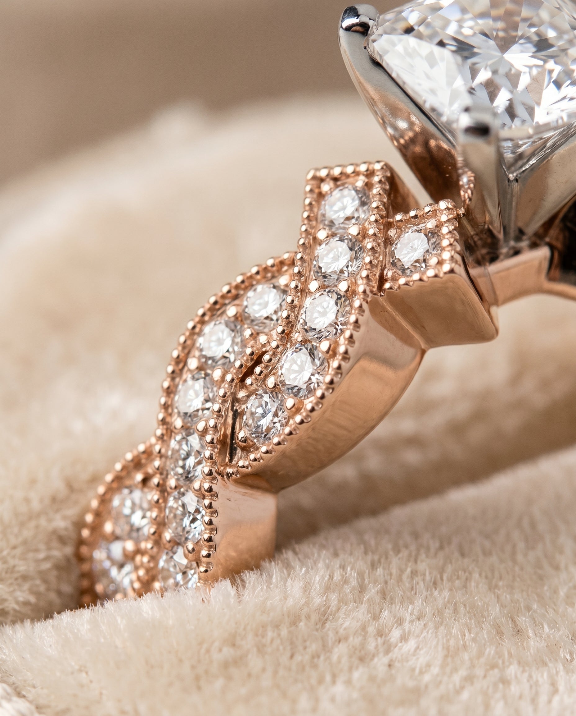 14K Rose Gold band of The Marie cushion engagement ring setting | RockHer