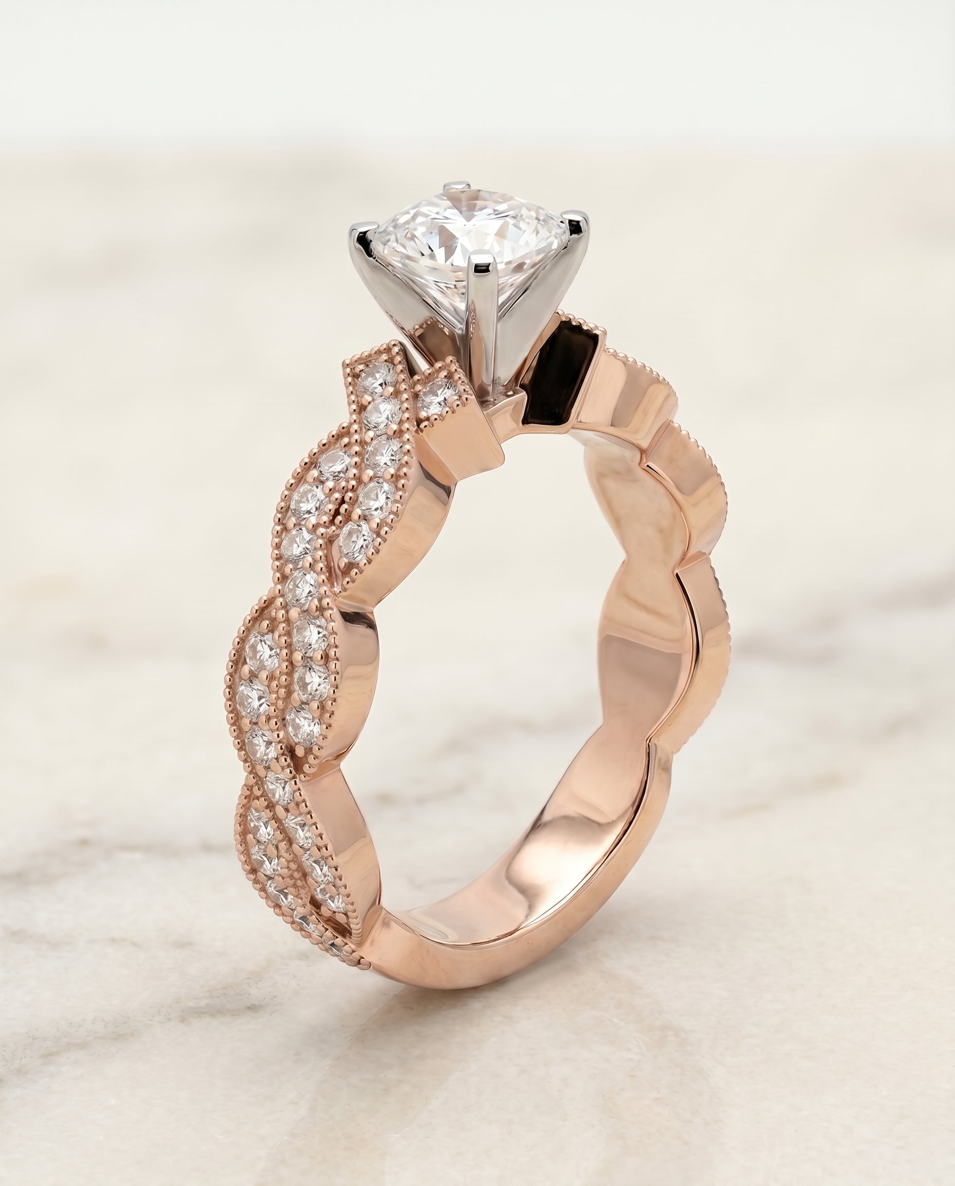 Beaded Crossover Pavé Cut styling on The Marie cushion engagement ring setting | RockHer