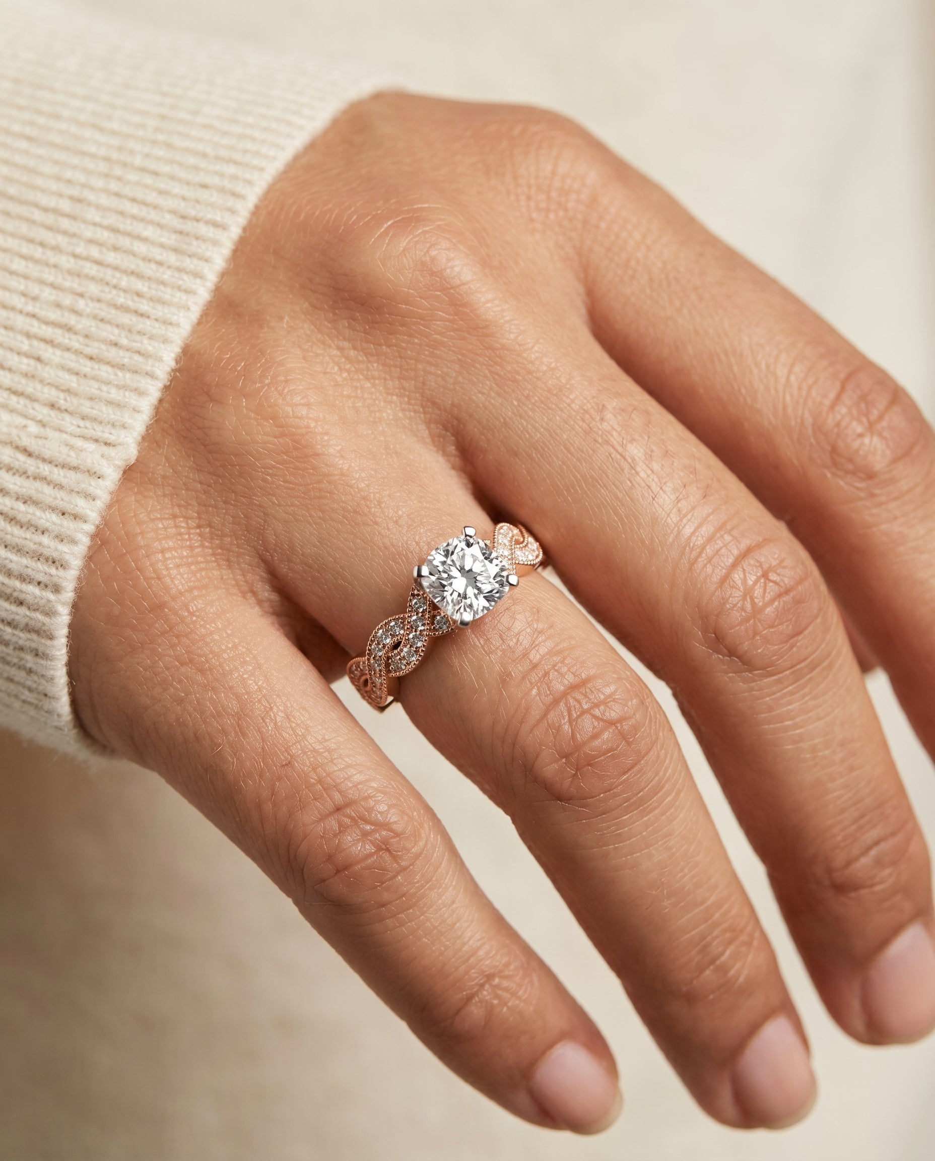 The Marie engagement ring setting in 14K Rose Gold, beaded crossover pavé cut design | RockHer
