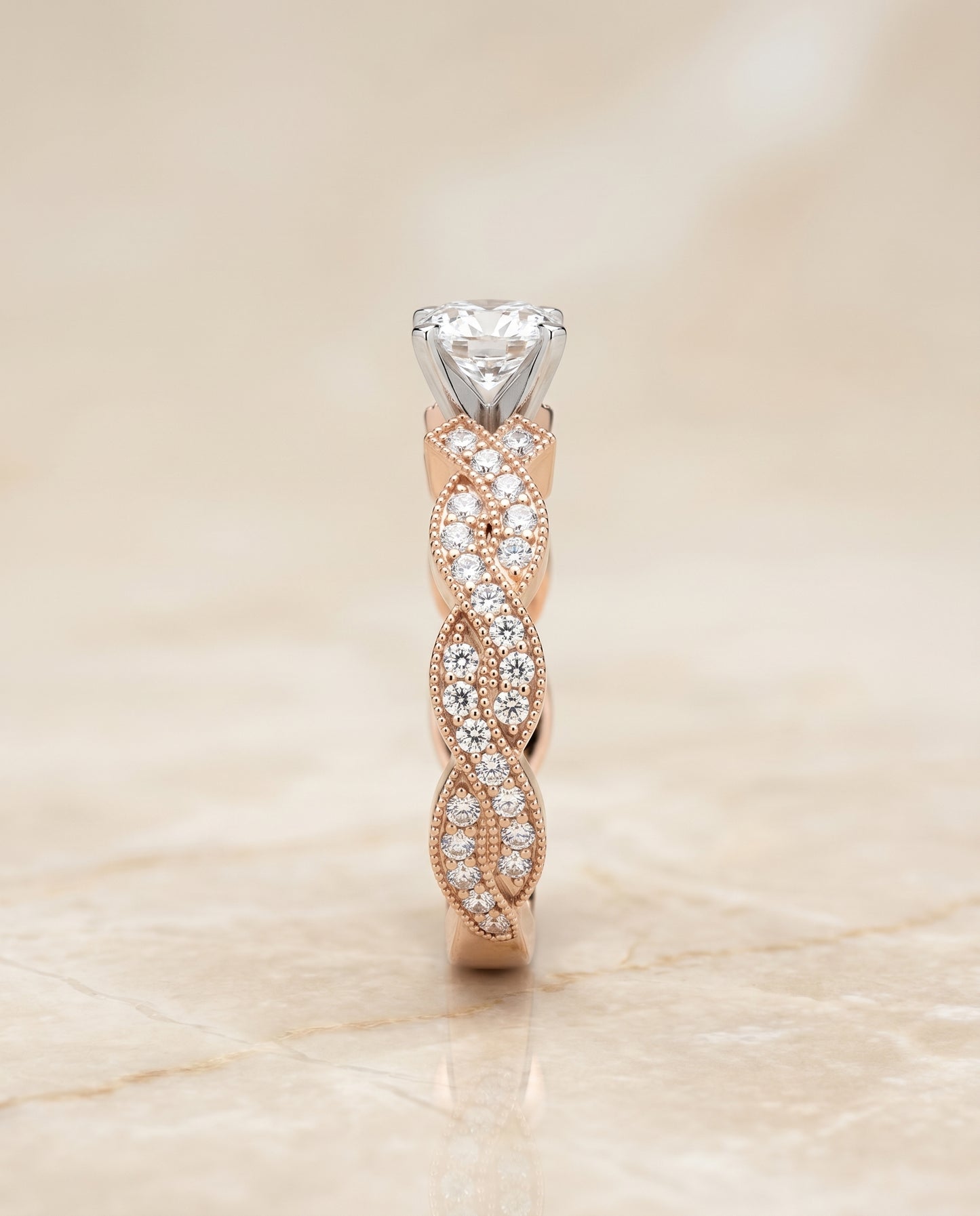 Cushion, Criss Cross Beaded Pavé, in 14K Rose Gold, pave setting – side profile | RockHer