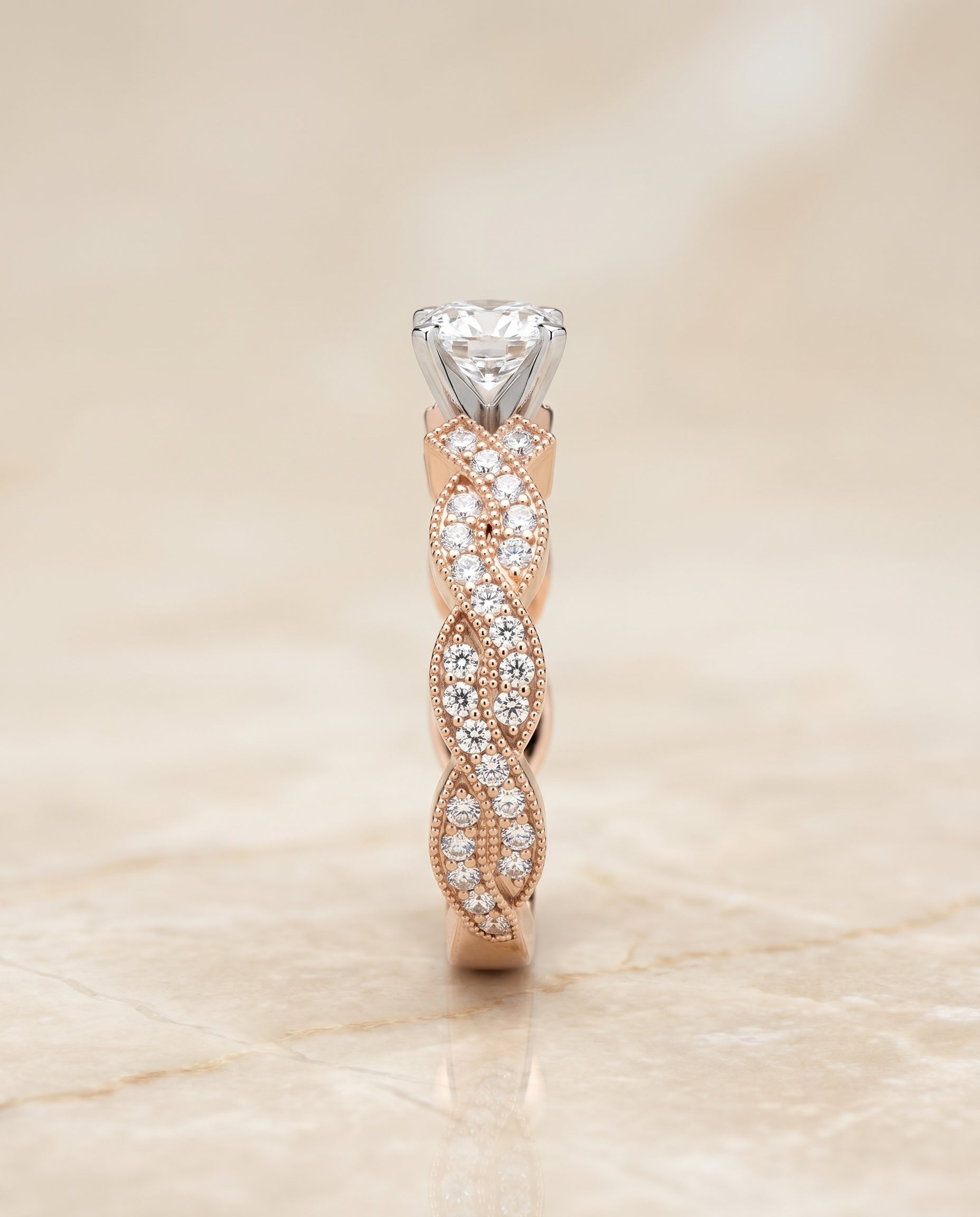 Marie Select Beaded Crossover Pavé Cushion Cut Lab Diamond Engagement Ring in 14K Rose Gold, side view | RockHer