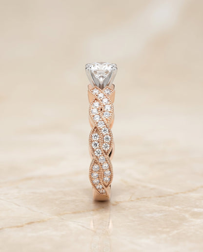 Marie Select Beaded Crossover Pavé Cushion Cut Lab Diamond Engagement Ring in 14K Rose Gold, side view | RockHer