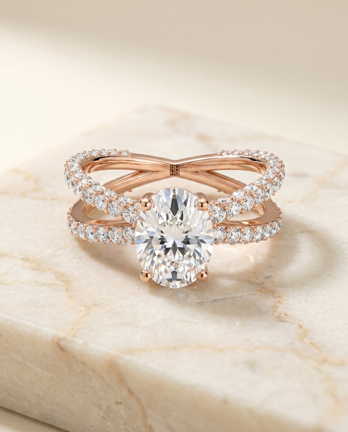 Sadie Select Twisted Pavé Oval Lab Diamond Engagement Ring in 14K Rose Gold, alternate angle | RockHer