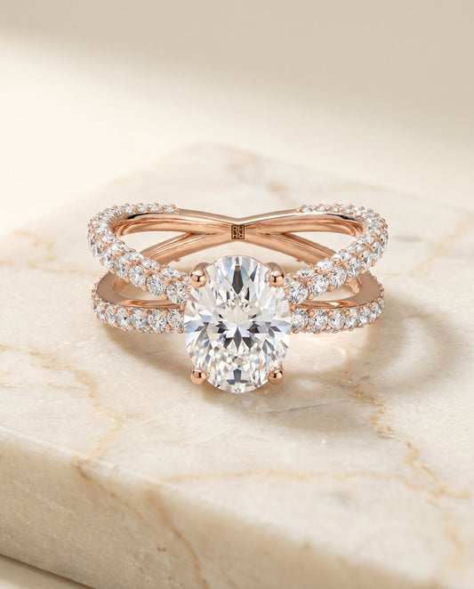 Sadie Select Criss Cross Open Pave Oval Solitaire in 14K Rose Gold – view 1