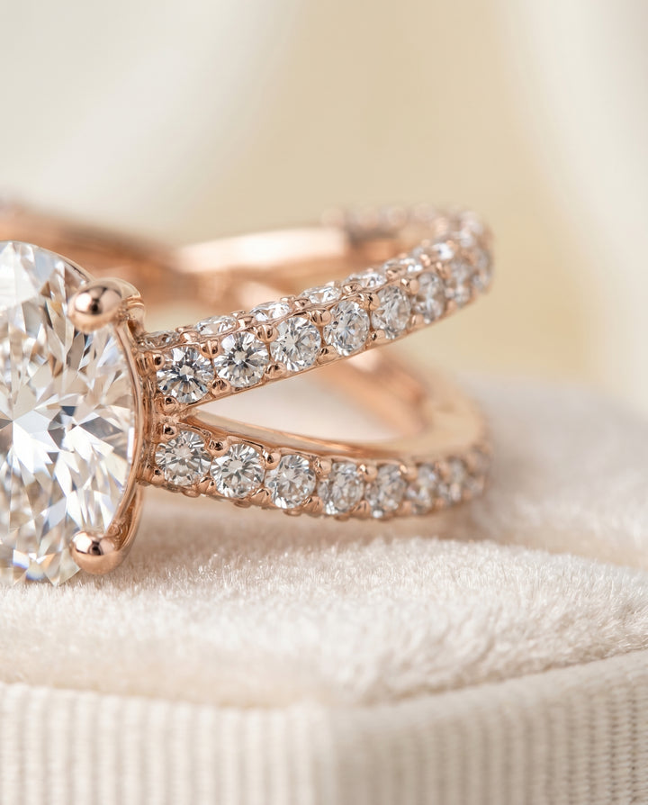 Criss Cross Open Pavé Oval, in 14K Rose Gold, pave setting – detail view | RockHer