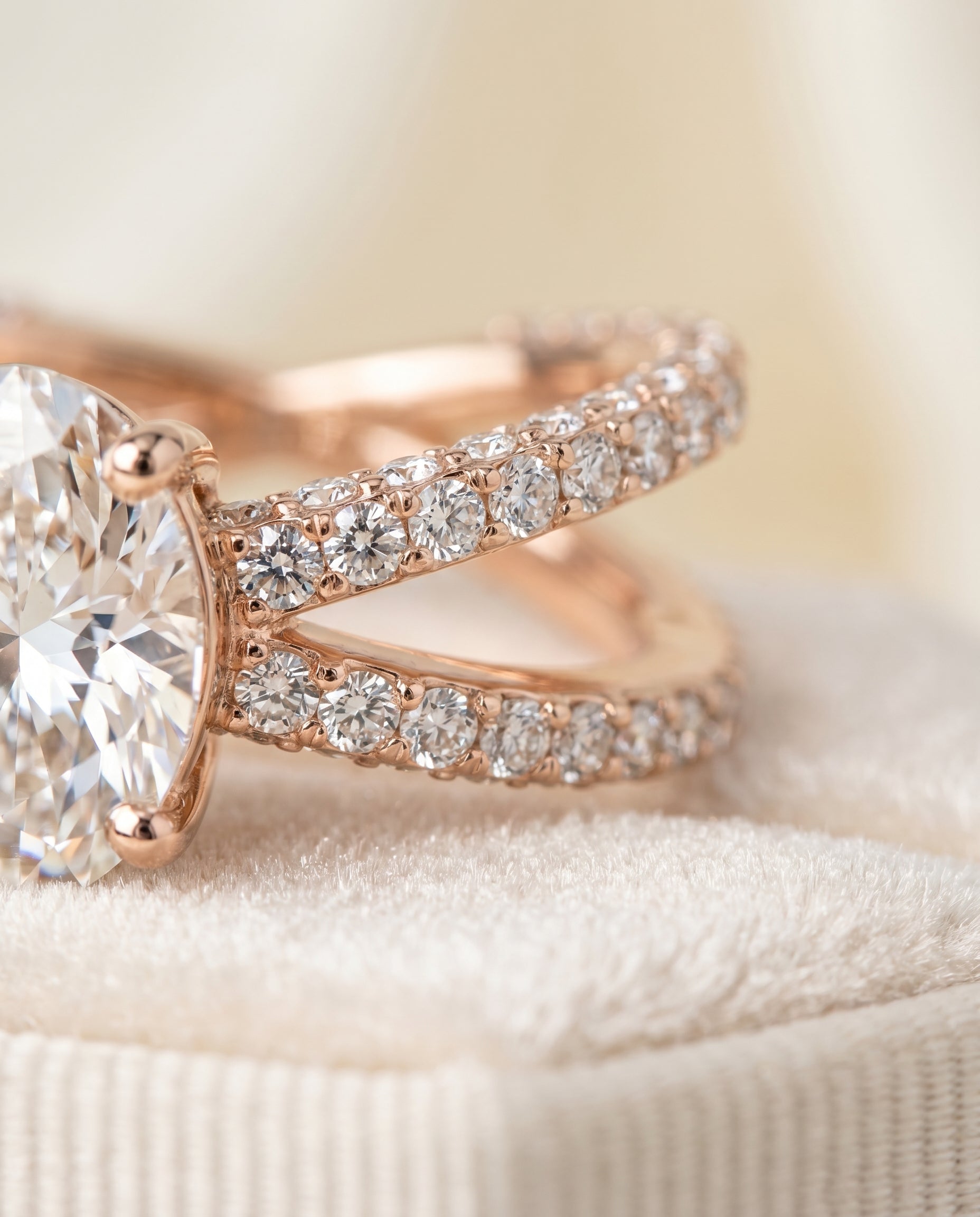 Sadie Select Twisted Pavé Oval Lab Diamond Engagement Ring in 14K Rose Gold, detail view | RockHer