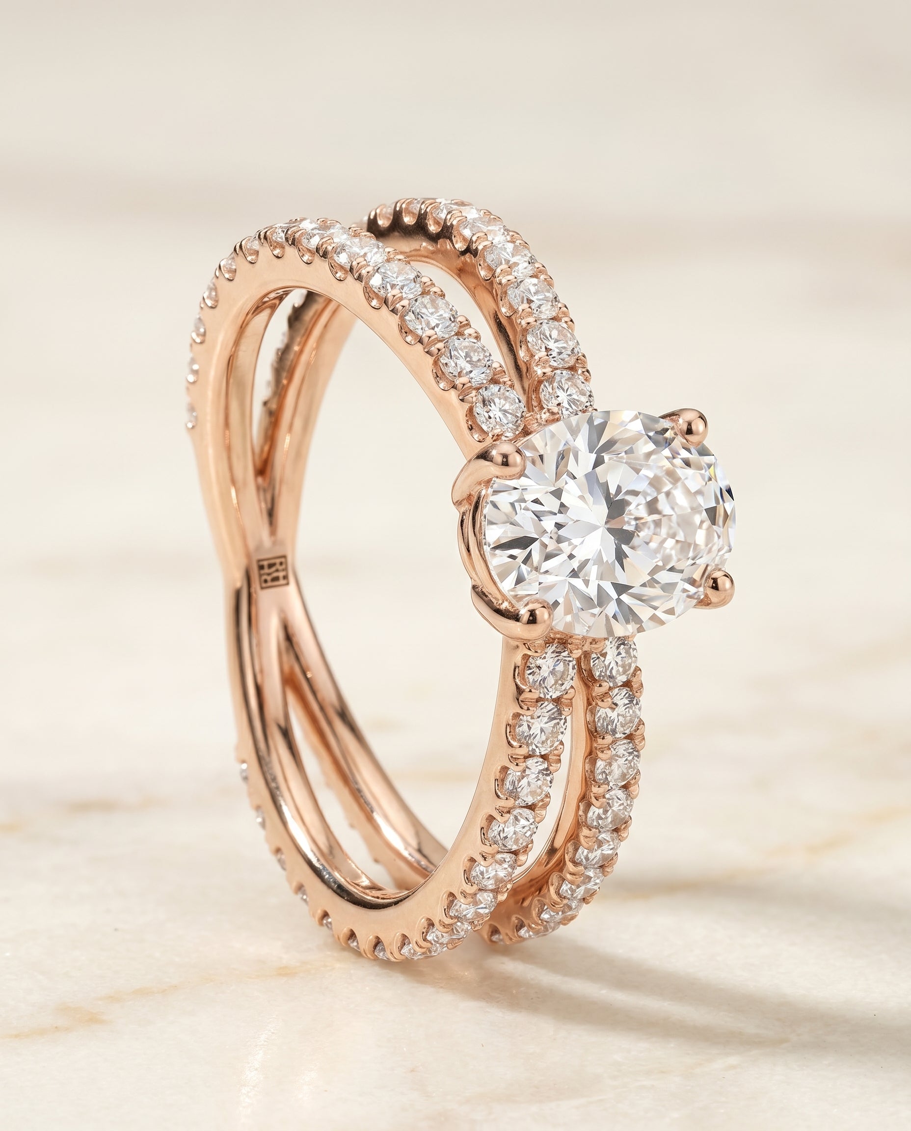 Sadie Select Twisted Pavé Oval Lab Diamond Engagement Ring in 14K Rose Gold, front view | RockHer