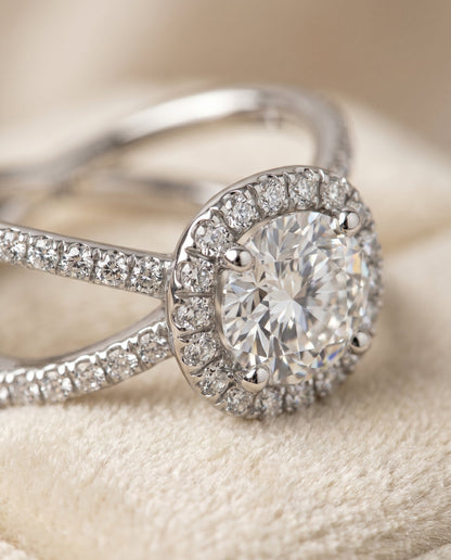 Joan Select Crossover Pavé Halo Round Lab Diamond Engagement Ring in Platinum, detail view | RockHer