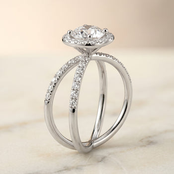 The Joan Crossover Pavé Halo Round Engagement Ring Setting in 18K White Gold